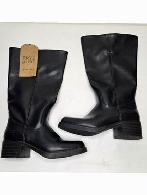 Frye and Co. Miranda Wide Calf Boot Womens 10M Stacked Heel Black Vegan 70s